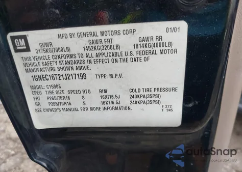 2001 Chevrolet Suburban 1500 Lt из США, поврежденный, VIN 1GNEC16T21J217198